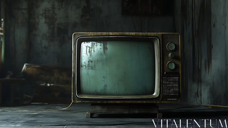 Old CRT television in dim, decayed interior scene.