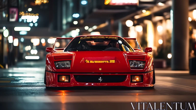 Red supercar glows under urban night bokeh lights.