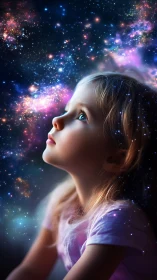 Child gazes into a vivid cosmic sky filled with glowing stars