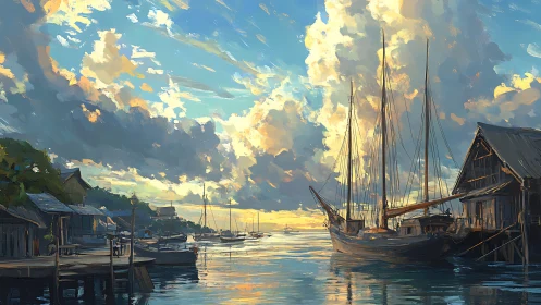 Harbor sunset study with layered clouds and moored wooden schooners