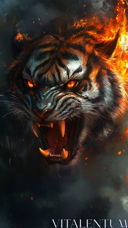 Incandescent infernal tiger portrait with flaming mane and embers