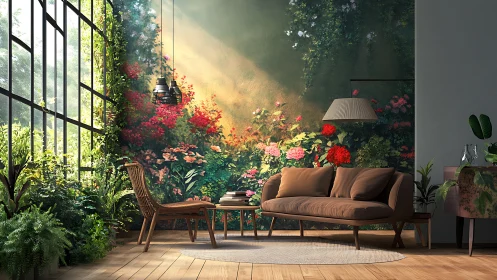 Sunlit living room with lush indoor garden wall mural.