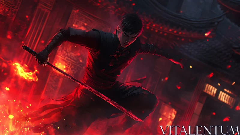 Blade dancer leaping through embers in crimson nightstorm.