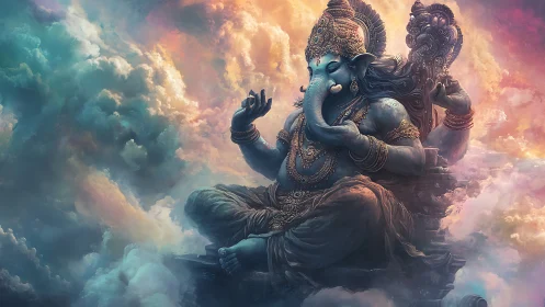 Celestial blue Ganesha seated amid iridescent nebula clouds.