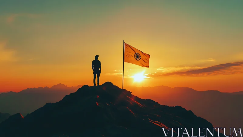 Silhouette climber beside Indian flag under blazing sunset