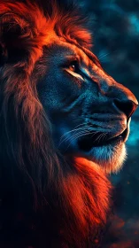 Regal lion profile glows under vivid blue orange lighting