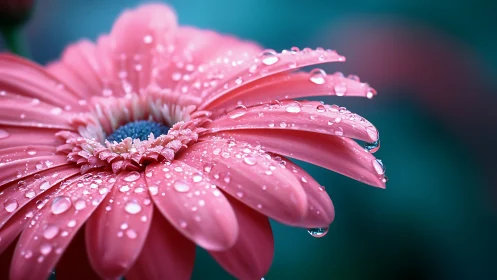 Pink daisy macro with dewdrops on petals in soft focus.