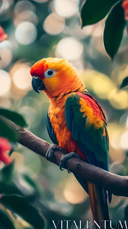 Jungle sunrise parrot perched in shimmering bokeh light.