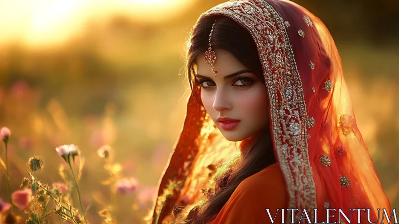 Woman in ornate red dupatta against soft golden field.