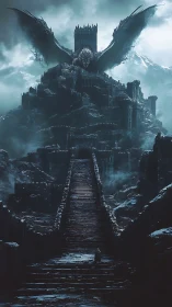 Dark dragon citadel above towering frozen mountain stairway.