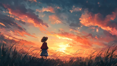 Child watches vivid sunset sky from tall grassy field