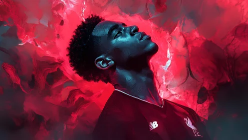 Football portrait explodes with neon red atmospheric energy.