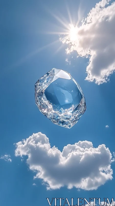 Crystal gem floats in bright sky under radiant sun.