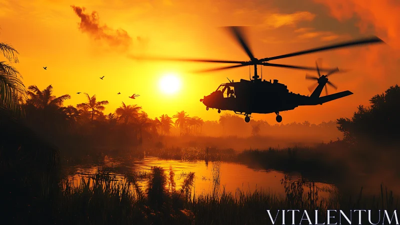 Military helicopter silhouette over jungle river sunset.