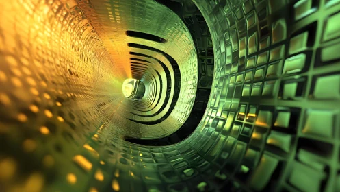 Futuristic Abstract Tunnel with Green and Yellow Geometric Patterns.