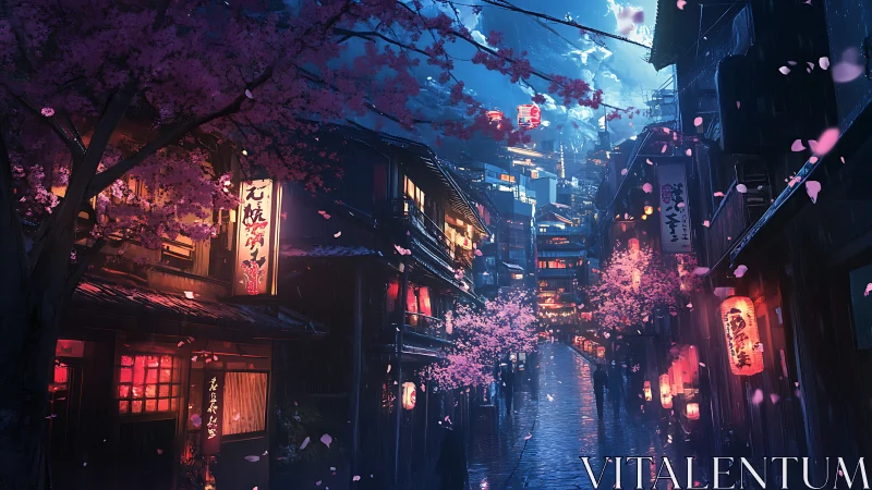 Cherry blossom lined night alley shows wet lantern lit street