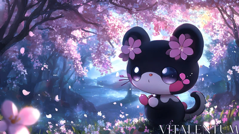 Blossom-eyed kitten pauses beneath twilight sakura dreams