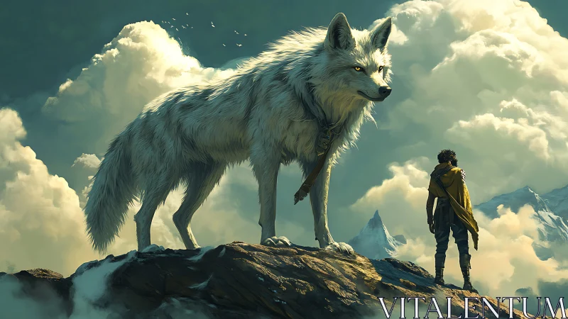 Towering white wolf meets lone wanderer above bright clouds
