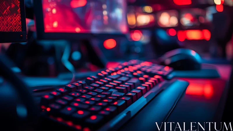 Cozy gaming keyboard glowing in soft neon red and blue light.