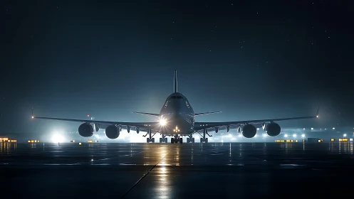 Night runway frontal study of wide-body jet, low-key lighting.
