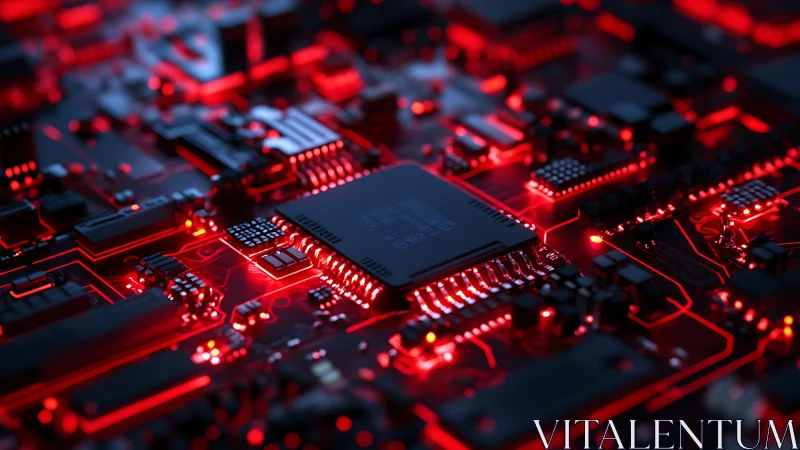 Red circuit city where microchips glow like molten streets.