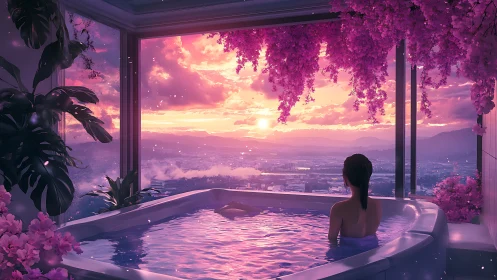 Serene rooftop bath under luminous pink sunset sky.