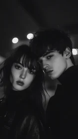 Intimate portrait of two figures in monochrome darkness.