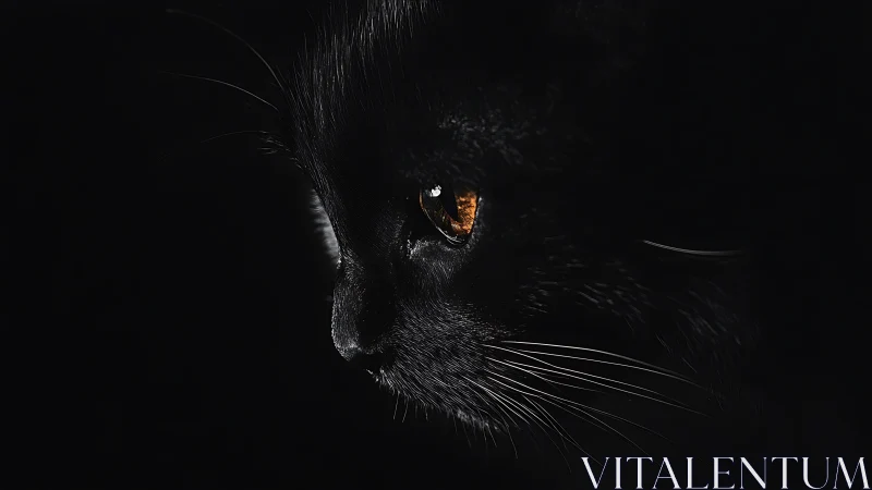 Black cat face illuminated by amber eyes against dark background.