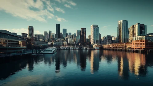 Waterfront skyline reflections under warm urban sunset glow.
