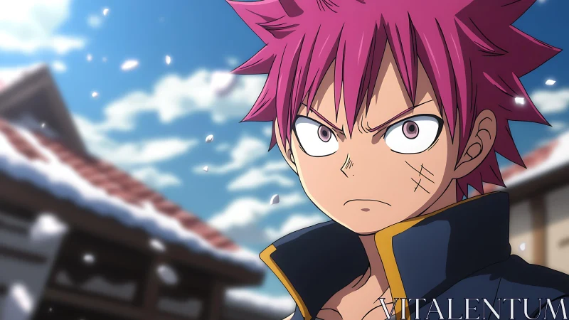 Pink haired anime warrior glares under drifting snowflakes.