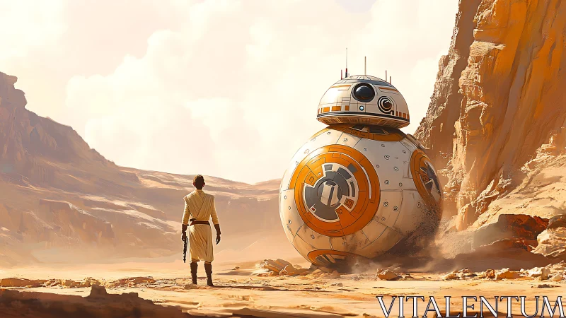 Desert wanderer greets a rolling droid beneath burning cliffs