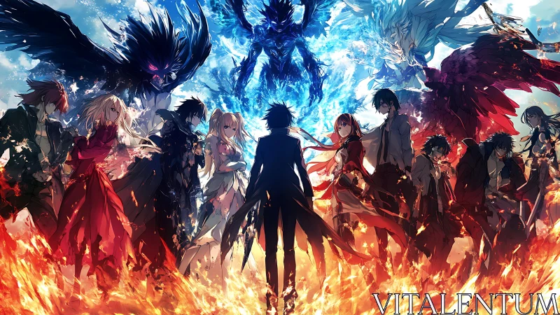 Lineup of fantasy characters amid fire and ice entities.