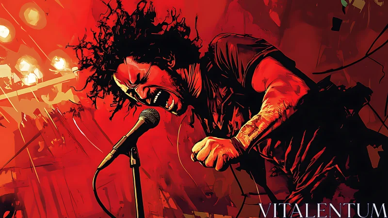 Rock vocalist screams into the mic amid blazing red lights