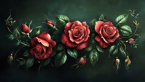 Botanical Roses with Buds Against Verdant Background.