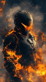 Thermally stressed combat exosuit amid turbulent flame field.