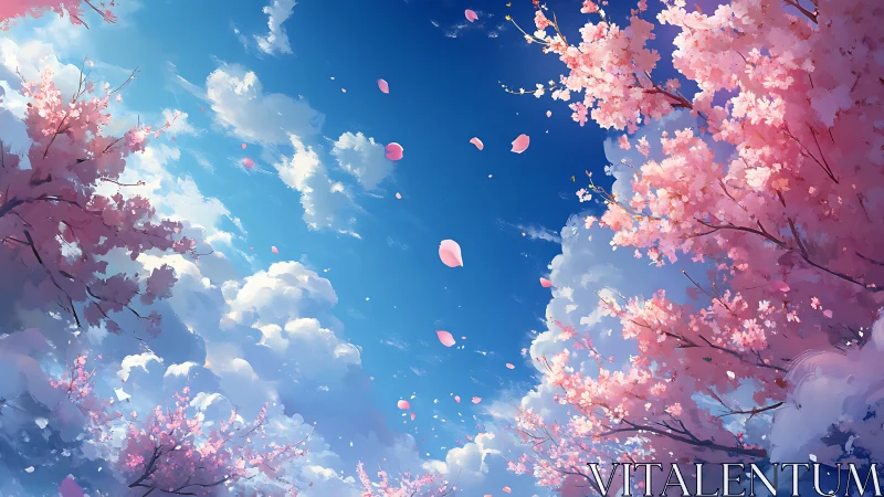 Digital depiction shows cherry blossoms framing a clouded sky