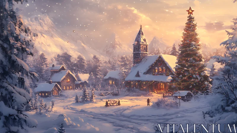 Snowy mountain village with large decorated Christmas tree.