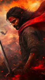 Warrior in red scarf amid fire and ash battlefield scene.