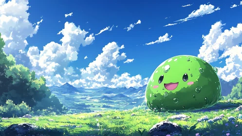 Gleeful meadow slime grins beneath a sky of tumbling clouds