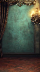 Vintage teal wall with ornate sconce and parquet floor.