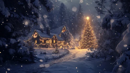 Cozy winter cabin glowing with soft Christmas tree lights.