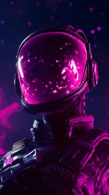 Astronaut in reflective magenta helmet stands in glowing void
