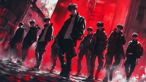 Cyberpunk squad in red neon alley, dynamic group composition.
