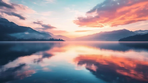 Serene mountain lake mirrors a vivid pastel sunset sky