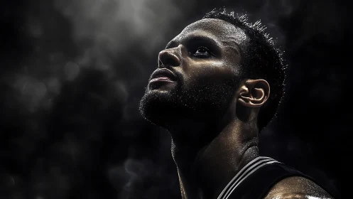 Focused basketball player under dramatic arena lighting.