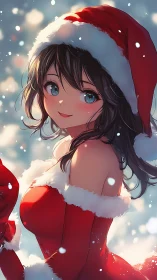 Anime girl in red Santa outfit amid soft snowfall.
