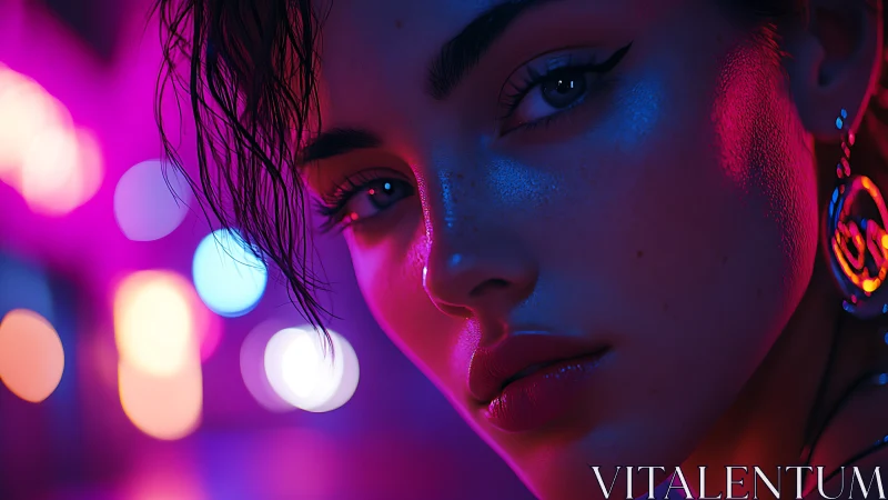 Neon-lit cyberpunk portrait with intense cinematic gaze.