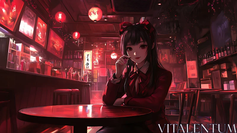 Anime girl in red dress in dimly lit neon bar interior