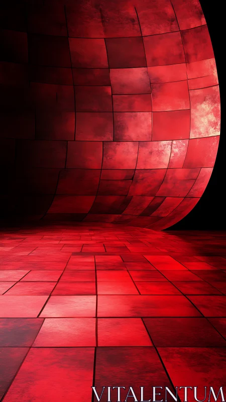 Curved red tiled wall and floor in stark abstract space.