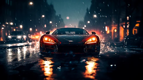 Supercar drives through wet night city street in heavy rain